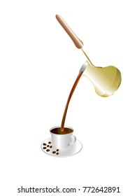 The coffee boiled in cezve is poured into a cup. Vector illustration on white background.
