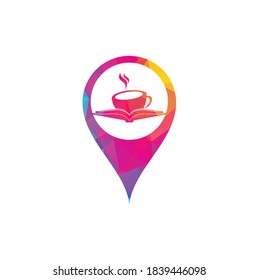 Coffee and book in map pin shape concept vector logo design. Tea Book Store Iconic Logo