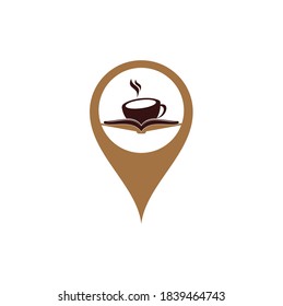 Diseño del logotipo vectorial de la forma del pin del mapa del libro del café. Logotipo icónico del Tea Book Store