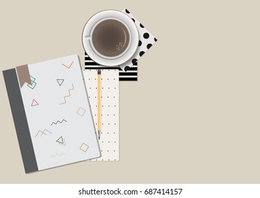 coffee and a book on background. top view illustration.