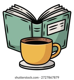 Café e livro leitura doodle vetor ilustração isolado fundo branco