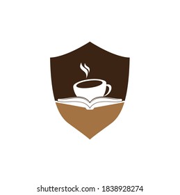 Coffee book shield shape concept vector logo design. Tea Book Store Iconic Logo.