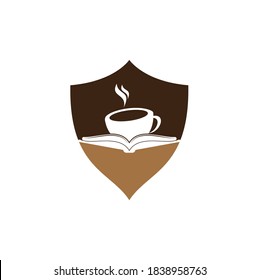 Coffee book shield shape concept vector logo design. Tea Book Store Iconic Logo.