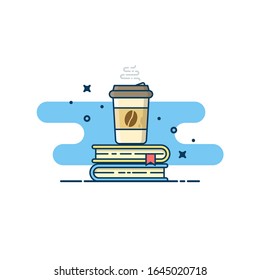 Coffee and book vector illustration. Hot coffee on the book. Relaxation. For sticker, web line page, ui or ux design and more.