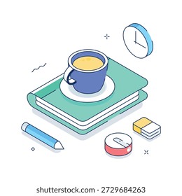 Café, libros y reloj que simbolizan el tiempo de descanso del estudio, ilustración isométrica