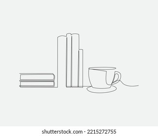 coffee and books continuous single line vector illustration in white background