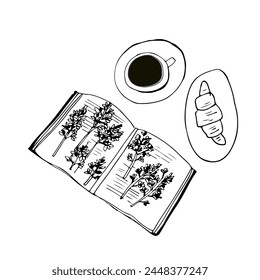 Coffee books and croissants. Hand drawing for your design