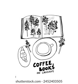 Coffee books and croissants. Hand drawing for your design