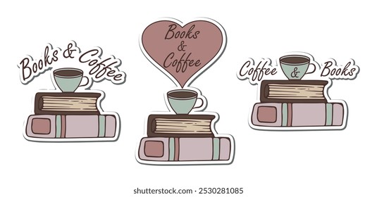 Café y libros. Conjunto de pegatinas de Beber café y leer libros. Taza de café con libros aislados sobre fondo transparente. Mano dibujando garabatos. Ilustración vectorial 