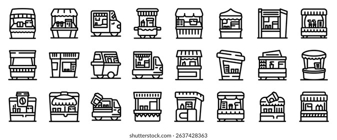  Coffee booth icons set. Mobile food vendors serving snacks and beverages in bustling urban environments