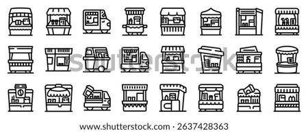  Coffee booth icons set. Mobile food vendors serving snacks and beverages in bustling urban environments