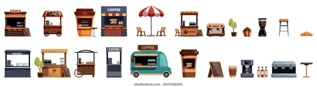 Coffee booth icons set. Coffee shop icons are representing various aspects of coffee culture, from small businesses like mobile carts and kiosks to equipment and products