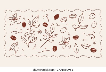 Kaffeerahmen. Vektorgrafik. Skizze mit Kaffeepflanzenzweig, Körnern, Blumen. Handgezeichnetes Design für Etikettencafé-Projekt, Kaffeebohnen-Verpackung, Branding, Verpackung, Karte