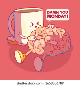 Coffee and brain vector character vector illustration. Motivation, inspiration, energy design concept