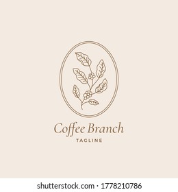 Coffee Branch Abstract Vector Trendy Sign, Symbol or Linear Logo Template. Leaves with Berries in a Frame with Typography. Isolated.