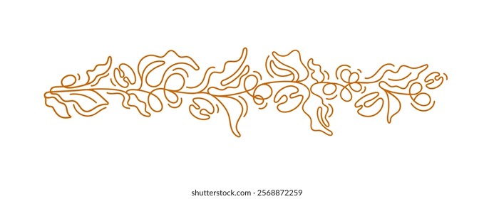 Coffee branch, beans and leaves. Vector graphic frieze. One thin line drawing. Nature plantation. Abstract background for food package, cafe design. Horizontal art sketch composition