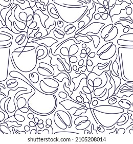 Coffee Branch, Cup, Bean. Monoline Seamless Pattern. Vector Graphic Abstract Print On White Background. Arabica Aroma Drink. Design For Cafe