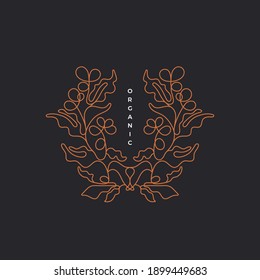Coffee branch frame. Vector organic symbol with contour of leaves, graphic shape of berry. Abstract illustration, single line antique style. Nature vintage art deco design