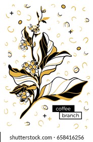 Coffee branch with leaves and coffee beans. Botanical contour drawing. Retro memphis style, pop art. Vector illustration isolated on white background and grouped for easy editing. Eps.10
