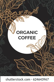 Coffee branch with leaves and natural coffee beans. Template. Retro vintage style. Night, moon, garden. Copy space. Vector Illustration eps.10