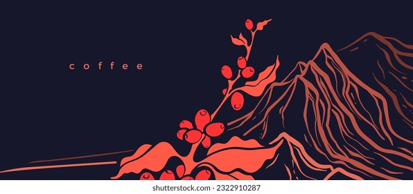 Coffee branch, mountain. Vector texture sketch. Outline landscape. Design for cafe menu, shop. Vintage illustration