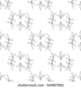 Coffee branch, plant with leaf, berry, seamless pattern.  Vintage hand drawn illustration for shop and cafe