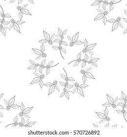 Coffee branch, plant with leaf, berry, seamless pattern.  Vintage hand drawn illustration for shop and cafe