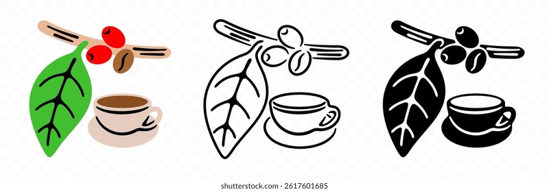 Coffee branch with ripe cherries and beans, graphic design. Cup of freshly brewed coffee, vector design and illustration