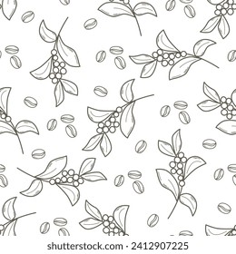 Coffee branches and beans botanical seamless pattern