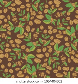 Coffee branches and beans seamless pattern. Design element for cafe menu or wrapping paper.