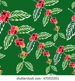 Coffee branches with beans seamless pattern. Vector illustration. All over print.