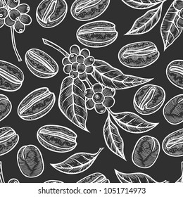 Coffee branches. Illustration of leaves and fruits of coffee in sketch style. Vintage background with leaves and coffee. seamless pattern.