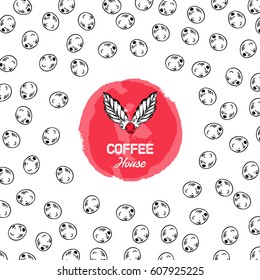 Coffee branding background with hand drawn coffee beans and logo. Vector illustration. 