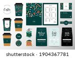 Coffee branding identity set for coffee shop or cafe. Collection of lettering logo, menu template, paper cup design and loyalty card. Pouch bag packaging design, coasters. Business merchandise set.