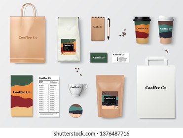 Coffee branding template design set. Realistick mockup. Vector illustration.