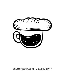 Coffee and bread hand drawn illustration logo icon. Morning breakfast cafe menu vector line doodle drawing