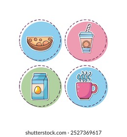 Coffee, bread and milk icons set. Vector illustration of breakfast food items in a flat style.