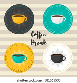 Coffee break. 4 cards to coffee cups. Vector illustration