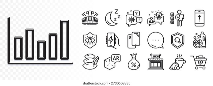 Coffee break, Adicionar produtos e Inspecionar ícones de linha para aplicativo web. Brilho de efeito de luz. Ícone de mensagem. Pacote de votação, Ideia, Deslize ícones de pictograma. Travesseiro, arena de esportes, sinais da loja. Vetor
