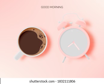 Kaffeepause, Hintergrund mit Kaffeetasse, Wecker und pastellfarbenem Schema