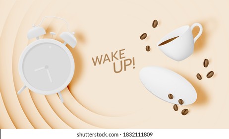 Coffee break background with coffee cup and alarm clock and pastel color scheme