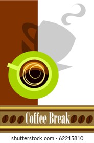 Coffee break background with green cup, shadow and copy space. Vector illustration