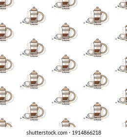 Coffee break. Coffee background. Pot and cup. Coffee time. Linear symbol. Coffee cup and beans. Seamless pattern. Design for textiles. Vector illustration isolated on white background.