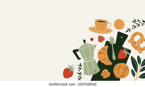 Coffee break background. Coffee pot with desserts. Vector illustration.