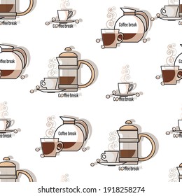 Coffee break. Coffee background. Coffee turtle, pot and cup. Linear symbol. Coffee cup and beans. 