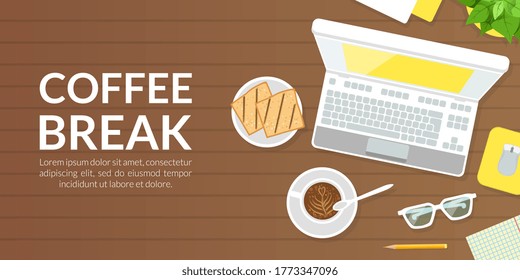 Coffee Break Banner Template, Top View of Laptop Computer, Coffee Cup and Toast on Wooden Surface Vector Illustration