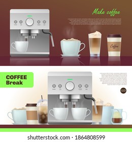 Coffee break banner templates set. Modern coffee maker,cups and mugs of various coffee drinks flyer, homepage design realistic vector illustration