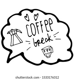 Coffee break. Blank white hand draw speech bubbles set with black frame line isolated on white background. Text template for banners, poster, advertising. Think cloud for restaurant.