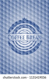 Coffee Break blue emblem with geometric pattern background.