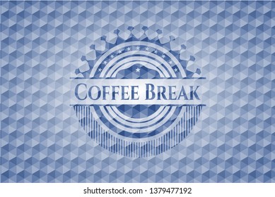 Coffee Break blue emblem with geometric background.